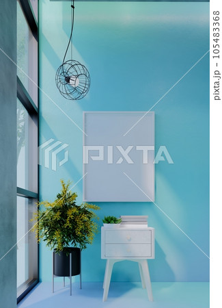 Frame photo mockup with sky blue wall background.  Render Illustration 105483368