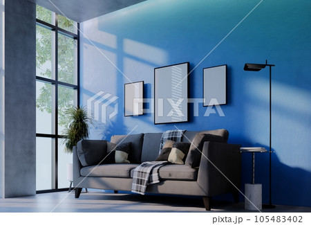 Frame photo mockup with sky blue wall background.  Render Illustration 105483402