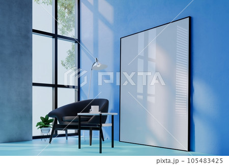 Frame photo mockup with sky blue wall background.  Render Illustration 105483425