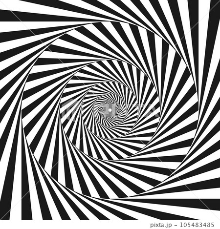 Radial optical illusion background. Black and white abstract lines surface in circles. Poster, banner, template design. Spinning spiral or vortex illusion wallpaper. Vector opt art illustration  105483485