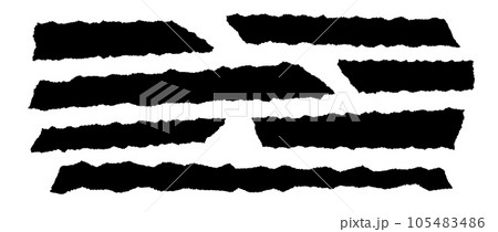 Torn thin and long pieces of paper. Black cutout material strip with jagged edges. Ripped horizontal fragments collection. Textured grunge element bundle for collage, text box, banner, sticker. Vector 105483486