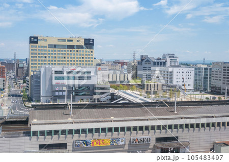 宇都宮駅東口地区　駅越しの再開発エリアの複合施設と街並　栃木県宇都宮市 105483497