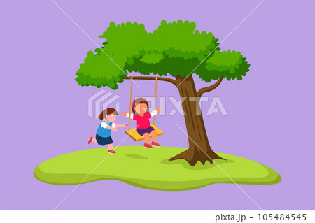 Cartoon flat style drawing of happy two little girls playing on tree swing. Cheerful kids on swinging under a tree at school. Children playing at outdoor playground. Graphic design vector illustration 105484545
