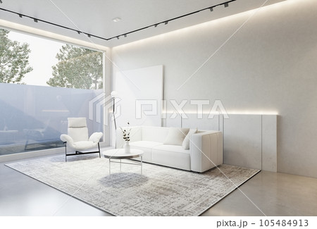 minimal interior of the living room with a white base tone. illustration render minimal interior of the living room with a white base tone. illustration render 105484913
