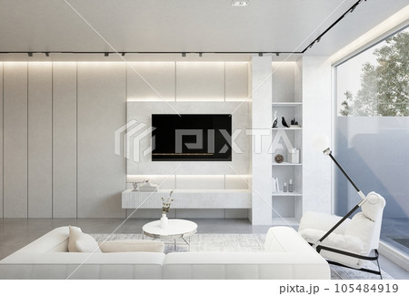 minimal interior of the living room with a white base tone. illustration render minimal interior of the living room with a white base tone. illustration render 105484919