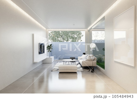 minimal interior of the living room with a white base tone. illustration render minimal interior of the living room with a white base tone. illustration render 105484943