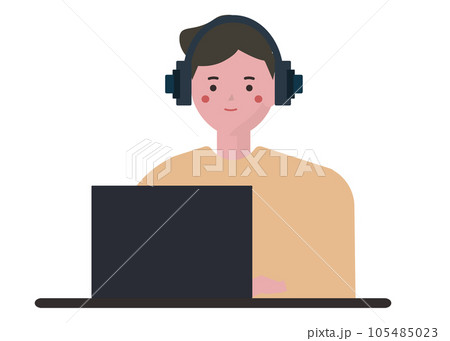 イヤホンをしてパソコン作業をする男性。ベクターイラスト 105485023
