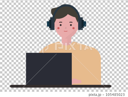 イヤホンをしてパソコン作業をする男性。ベクターイラスト 105485023