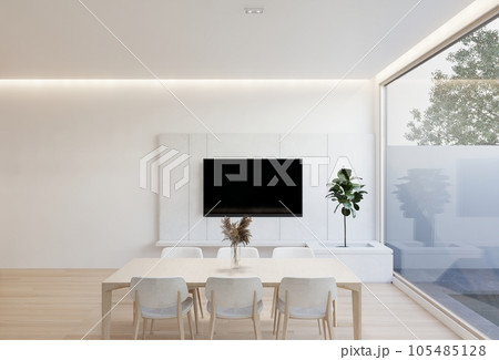 minimal interior of the living room with a white base tone. 3D illustration render 105485128