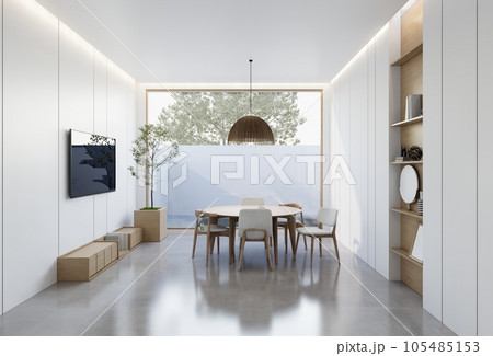 minimal interior of the living room with a white base tone. 3D illustration render minimal interior of the living room with a white base tone. 3D illustration render 105485153