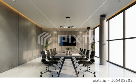 Modern conference interior and screens on the wall. The concept of workplace and enterprise. 3d Rendering illustration Modern conference interior and screens on the wall. The concept of workplace and enterprise. 3d Rendering illustration 105485205