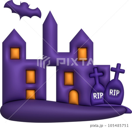 3D illustration. Halloween castle. with graves and bats 105485751