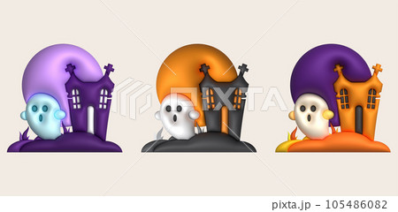 3D illustration. Halloween castle. with a tombstone and a cute little ghost full moon 105486082