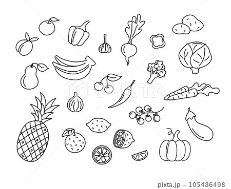 Fruits and vegetables vector doodles set. Raw food elements isolated black on white background. Hand drawn outline illustration of pineapple, bananas, pumpkin and carrots. Hand drawn doodle drawings 105486498
