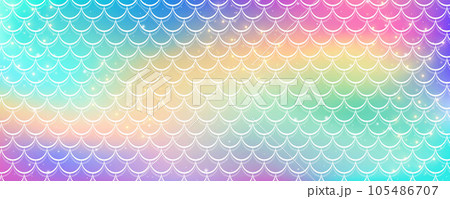 Mermaid rainbow background in fantasy style with scales. Unicorn holographic gradient texture. Sea fish kawaii vector backdrop. Mermaid rainbow background in fantasy style with scales. Unicorn holographic gradient texture. Sea fish kawaii vector backdrop. 105486707