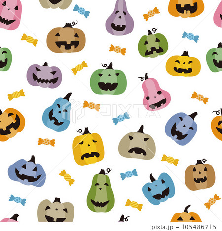 ハロウィンのカラフルで可愛いお化けカボチャのシームレスパターン ハロウィンのカラフルで可愛いお化けカボチャのシームレスパターン 105486715