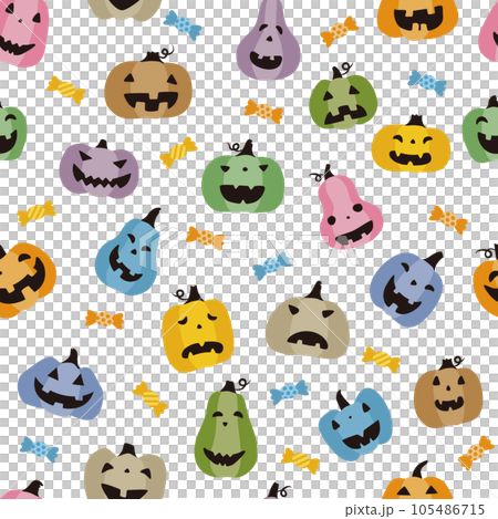 ハロウィンのカラフルで可愛いお化けカボチャのシームレスパターン ハロウィンのカラフルで可愛いお化けカボチャのシームレスパターン 105486715