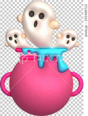 3D illustration. Witch cauldron with bubbles on fire and cute little ghosts coming out for halloween 105486722