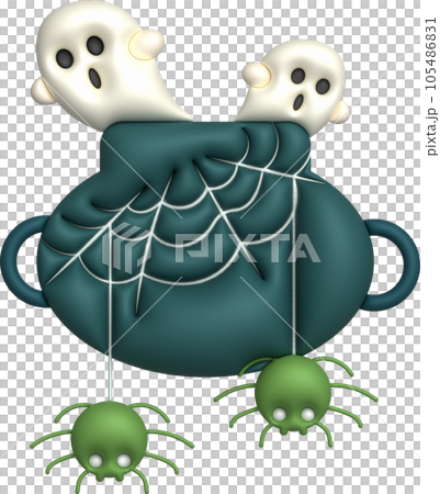 3D illustration. Witch cauldron With bubbles and cobwebs, cute little spiders and ghosts come out for Halloween. 3D illustration. Witch cauldron With bubbles and cobwebs, cute little spiders and ghosts come out for Halloween. 105486831
