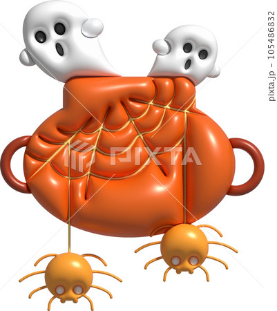 3D illustration. Witch cauldron With bubbles and cobwebs, cute little spiders and ghosts come out for Halloween. 105486832