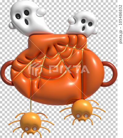 3D illustration. Witch cauldron With bubbles and cobwebs, cute little spiders and ghosts come out for Halloween. 3D illustration. Witch cauldron With bubbles and cobwebs, cute little spiders and ghosts come out for Halloween. 105486832