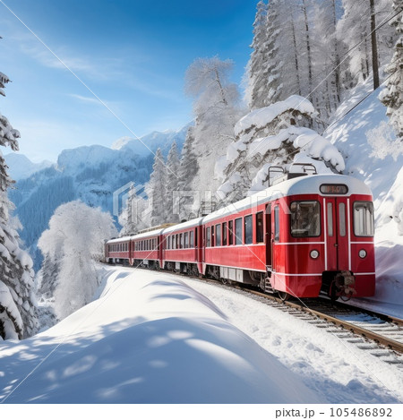 Bernina Express passes through the snowy woods, Switzerland. Generative AI 105486892