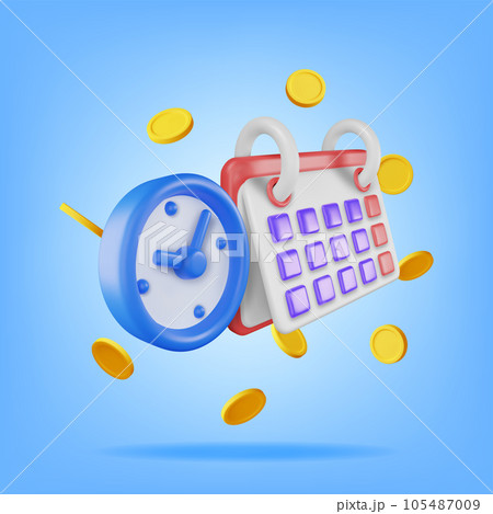 3D Clock, Calendar and Golden Coins 105487009