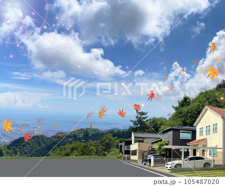 秋の紅葉舞い散る　戸建て住宅の街並み 105487020