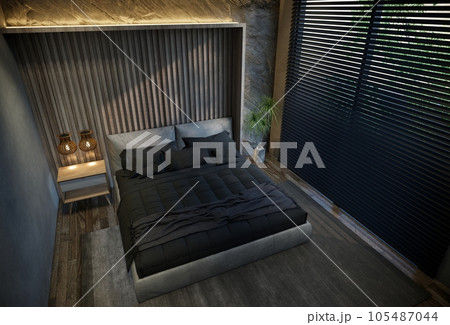 interior of the bedroom is minimal with black base tones. 3D illustration rendering 105487044