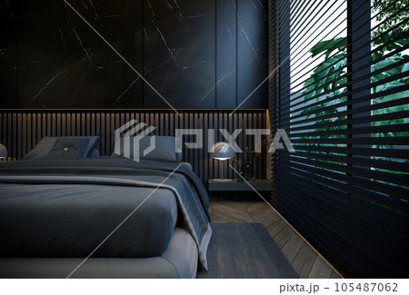 interior of the bedroom is minimal with black base tones. 3D illustration rendering 105487062