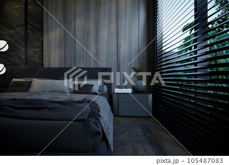 interior of the bedroom is minimal with black base tones. 3D illustration rendering 105487083