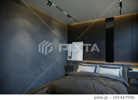 interior of the bedroom is minimal with black base tones. 3D illustration rendering 105487096