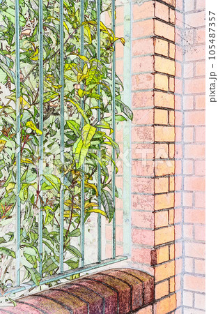 レンガ壁鉄製棚のイラスト CG画像3 レンガ壁鉄製棚のイラスト CG画像3 105487357