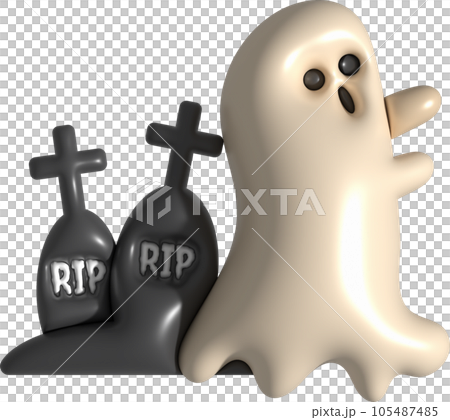 3d illustration. Halloween cute little ghost and grave cemetery. 3d illustration. Halloween cute little ghost and grave cemetery. 105487485