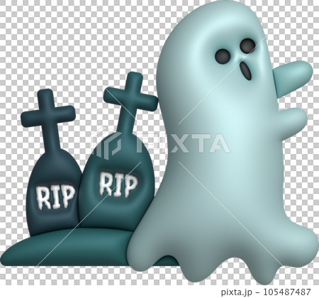 3d illustration. Halloween cute little ghost and grave cemetery. 3d illustration. Halloween cute little ghost and grave cemetery. 105487487