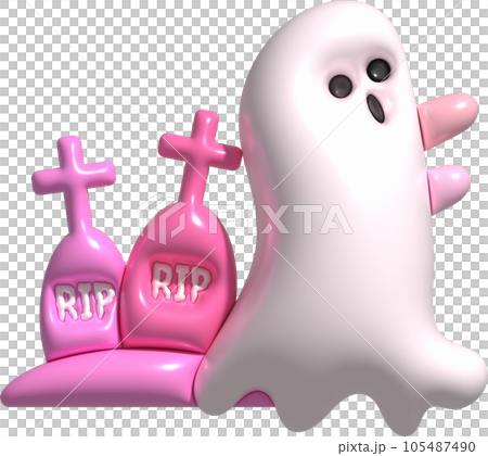3d illustration. Halloween cute little ghost and grave cemetery. 3d illustration. Halloween cute little ghost and grave cemetery. 105487490