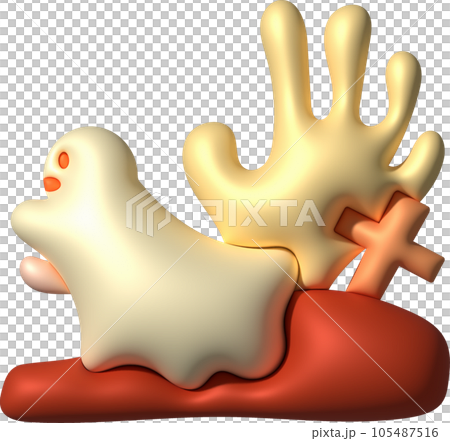 3d illustration. Halloween cute little ghost and grave cemetery. 105487516