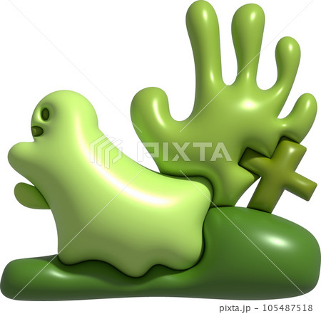3d illustration. Halloween cute little ghost and grave cemetery. 105487518