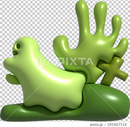 3d illustration. Halloween cute little ghost and grave cemetery. 105487518