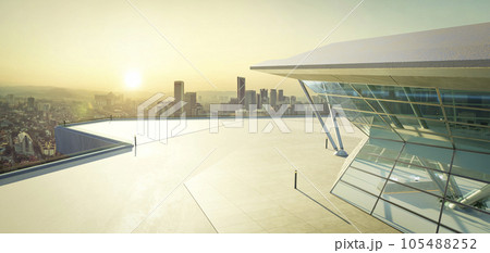 3D empty concrete floor with polygon shape design modern building exterior 105488252