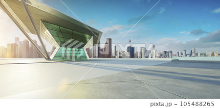 3D empty concrete floor with polygon shape design modern building exterior 105488265