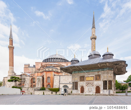 17th century Turkish rococo water fountain of Sultan Ahmed III, and Hagia Sophia, near Topkapi palace, Istanbul, Turkey 105488691