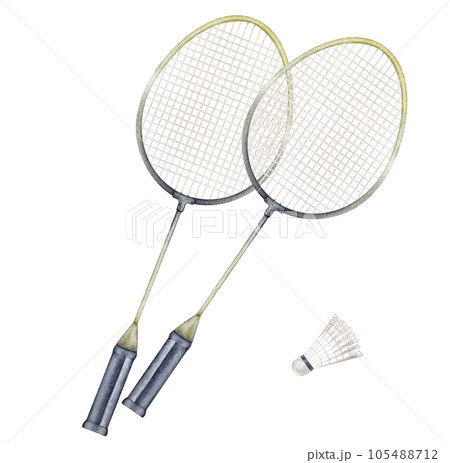 Badminton racket and shuttlecock watercolor illustration. Hand drawn and isolated on a white background. Athletic lifestyle, sport design. 105488712