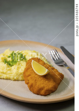 Typical Czech cuisine chicken cutlet with mashed potatoes Typical Czech cuisine chicken cutlet with mashed potatoes 105488744