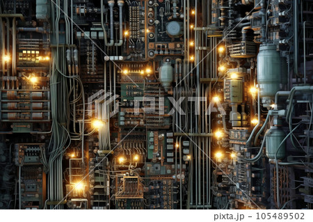 industrial steel pipelines and cables in blue tones industrial steel pipelines and cables in blue tones 105489502