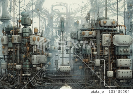 industrial steel pipelines and cables in blue tones industrial steel pipelines and cables in blue tones 105489504