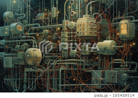 industrial steel pipelines and cables in blue tones 105489514