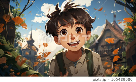 Happy Asian boy smiling in the city, illustration. Watercolor closeup Portrait of a happy Japanese kid standing on a street. Art of a male Chinese pre-teen with perfect white teeth closeup. 105489680