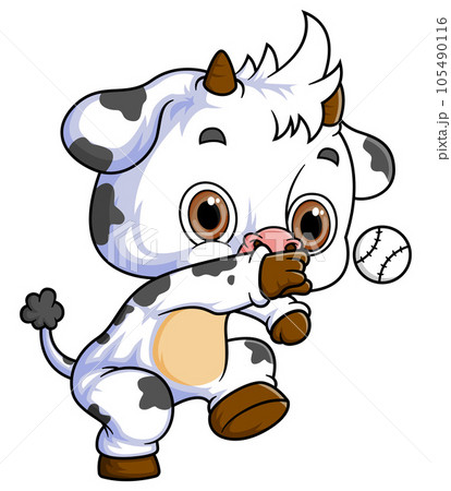 Cartoon little cow playing ball on white background of illustration Cartoon little cow playing ball on white background of illustration 105490116