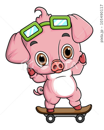 Cartoon little pig playing skateboard on white background of illustration 105490117